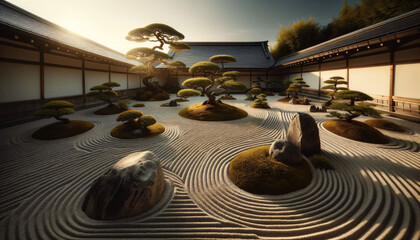 a japanese garden with rocks and trees