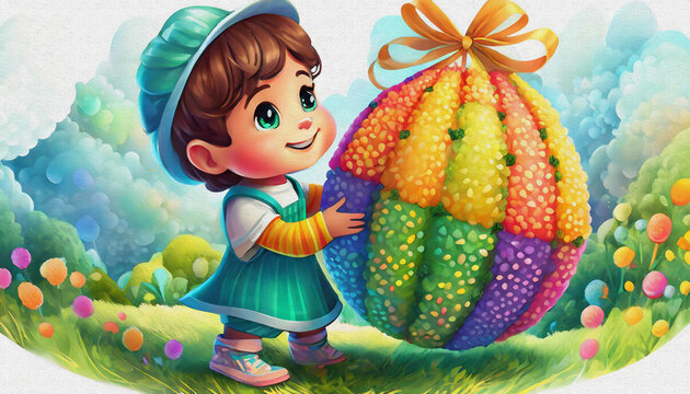  oil painting style CARTOON CHARACTER CUTE baby boy holding colorful pinata at a festival. isolated