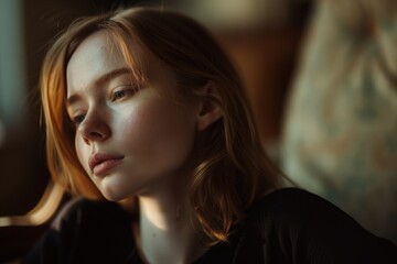 Fototapeta premium Soulful young woman in a moody setting, her look carrying a world of untold stories and quiet strength.