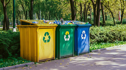 Containers for sorting various types of garbage situated in a green city park - obrazy, fototapety, plakaty