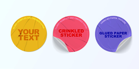 Round paper sticker label. glued sticker mockup. realistic wrinkled surface of adhesive paper