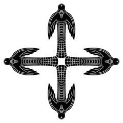 Square cross shape ornament with four stylized birds. Permian animal style. Ancient Siberian shamanistic totem. Black and white silhouette.