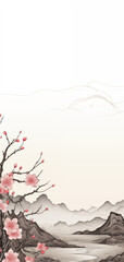 Japanese style, minimalist border, pink cherry blossoms background, light watercolor.