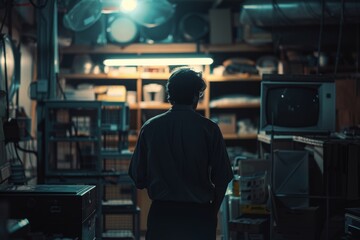Silhouette of a man against the complex backdrop of a high-tech workspace, embodying the essence of innovation and progress.


