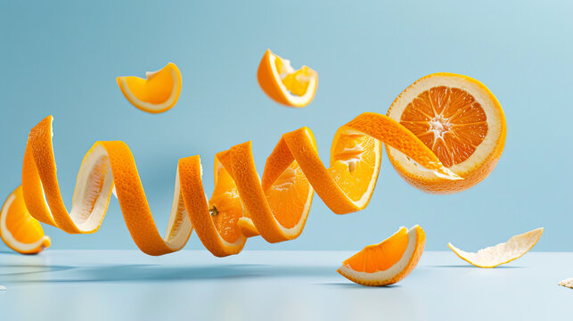 Slices of juicy orange suspended in the air against a blue background