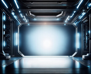 Space ship interior background,  spacecraft window, futuristic shuttle hall.  Door portal leading to another reality.