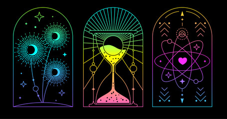 Set of Modern magic fluorescent witchcraft cards with hourglass, sun, moon and dandelions. Line art occult vector illustration - 784720971