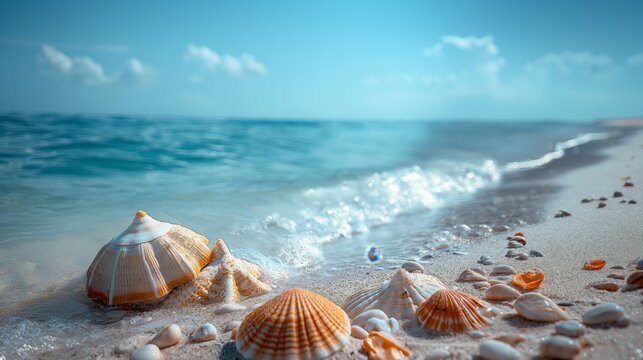 Tropical marine beach landscape with seashells and starfish on the sand, with ocean views in the background