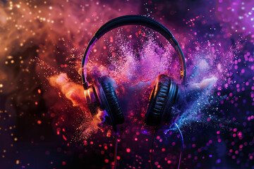 Explosive Stereo Headphones: Vibrant Splash of Festive Music - Generative AI. - obrazy, fototapety, plakaty