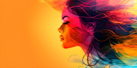Abstract illustration representing women on international days and mothers day, with diverse and colorful feminine faces and empty copy space for usage in banners, posters, and celebrations. - obrazy, fototapety, plakaty