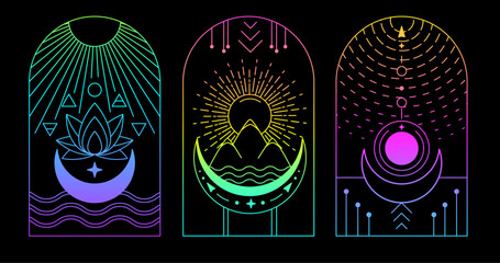 Set of Modern magic fluorescent witchcraft cards with Four elements and lotus. Line art occult vector illustration - 784721774