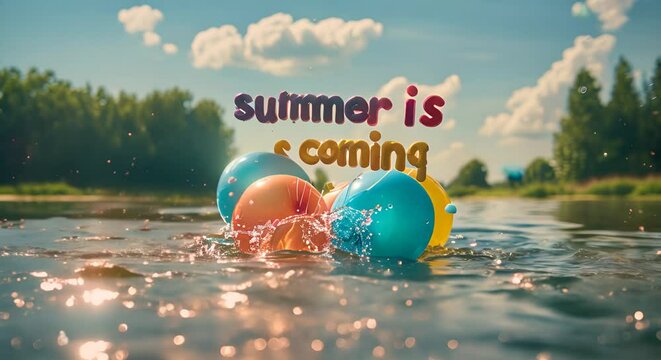 Inscription from balloons in the water with the name "summer is coming".