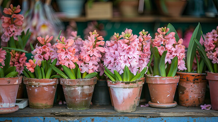 Fototapeta na wymiar At the bazaar, pots of blooming pink hyacinths are displayed for sale, their vibrant colors and sweet fragrance enticing passersby with the promise of spring