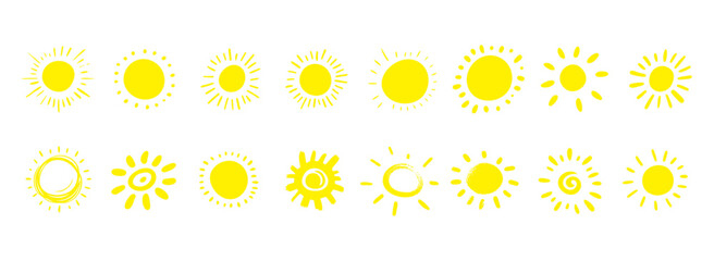 Hand drawn Sun icon vectors isolated on white background. Sunset icon collection. Sun Shine Ray Set.