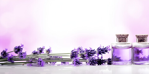 Aromatic composition of lavender, herbs, cosmetics and salt on a dark table top, purple flowers with their tincture in tiny bottle - obrazy, fototapety, plakaty