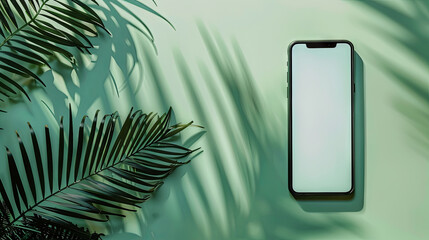 Mobile phone, smartphone on isolated green background with screen for text and palm leaves