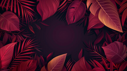 Oval frame with the texture of abstract dark maroon tropical leaves, copy space - 784722535