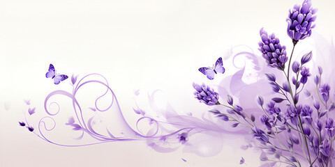 Fototapeta na wymiar Illustration of Lavender Flowers in a Modern Design Frame, Infused with Purple Elegance, Accompanied by the Graceful Flight of a Butterflies