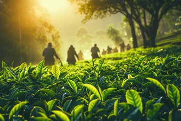 People picking tea at a tea plantation at sunset