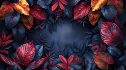 frame with the texture of abstract dark maroon tropical leaves - 784724340