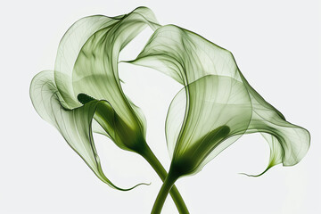 Minimalist close-up of calla flowers, two long curving and intersecting flower stems, perfect composition on a white background