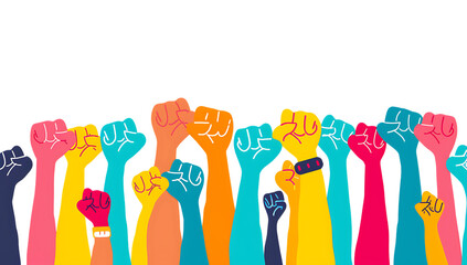 A vector illustration of colorful raised fists, symbolizing the power and strength in the fight for gender equality