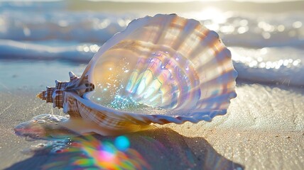 An open sparkling, white Shell, rainbow light shines from within