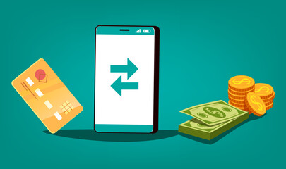 Dollars and coins money currency send from one smartphone to another. Online transaction concept. Vector flat cartoon illustration
