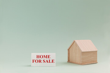 Simplistic wooden house model isolated on pale green background, with text Home For Sale on signboard.