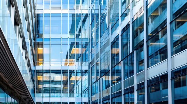 Modern architecture building with glass window wall on blue sky background. AI generated image