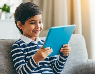 Cute little boy with tablet computer at home