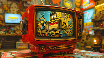 A classic red vintage television showcasing a screen filled with bold pop art in a room adorned...