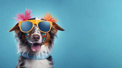 A happy dog wearing sunglasses and a flower headband is sitting in front of a blue background.
