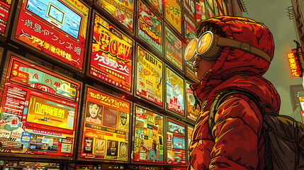 Fototapeta premium A person in a winter jacket and goggles stands captivated by the vibrant neon advertisements on a bustling Asian street at night