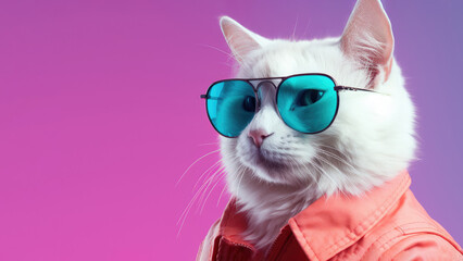 A white cat wearing blue sunglasses and a pink leather jacket, looking directly at the camera with a serious expression on its face.