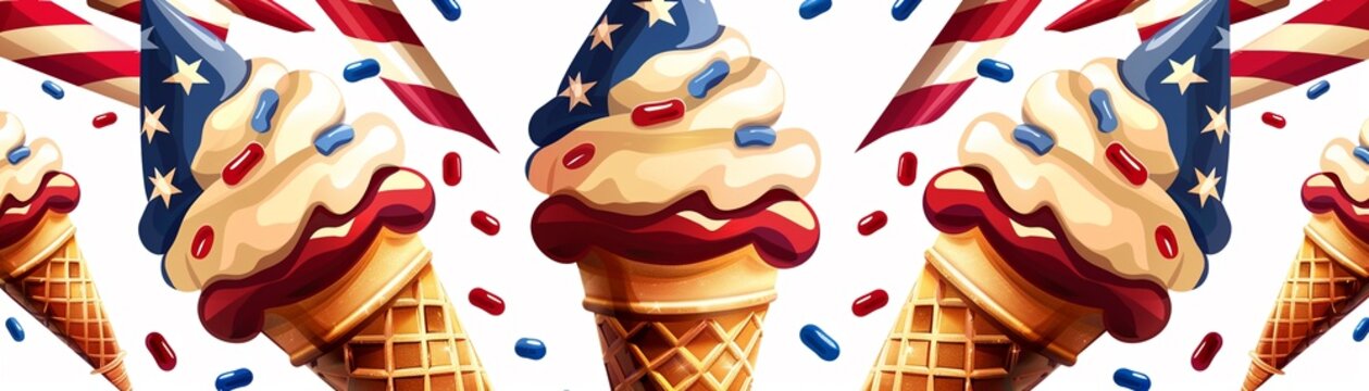 Patriotic Ice Cream Cones, Ice cream cones decorated with red, white, and blue sprinkles, propaganda poster style
