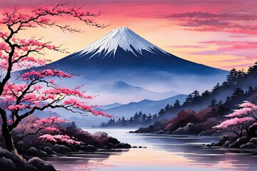 Mount Fuji at sunset, capturing majestic silhouette of mountain against vibrant, colorful sky as sun dips below horizon, creating tranquil scene. For art, creative projects, fashion, style, magazines. - obrazy, fototapety, plakaty