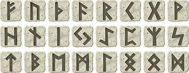 Viking runes, celtic alphabet with ancient runic signs on stone, scandinavian letters. Abc nordic font. Elements for computer games or ui graphic design. Cartoon isolated vector illustration. - obrazy, fototapety, plakaty