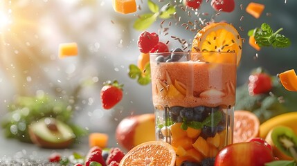 Energetic burst of a smoothie blending with flying fruits and vegetables symbolizing vitality and nutritious choices