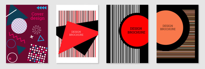 Geometric cover design, set. Abstract unusual background in the style of Memphis. Bright geometric shapes in random order