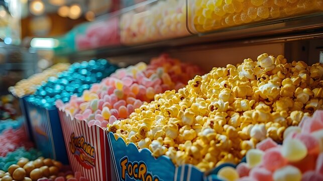 Nostalgic Sweet Treats: Popcorn and Gummies Galore. Concept Nostalgic Treats, Popcorn, Gummies, Sweet Memories, Candy Galore