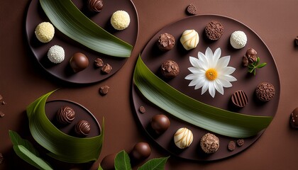 Chocolates, truffles and chocolate on a brown background, large leaf and a white flower as decoration modern, simple, minimal, top view, upper part without motif, AI Generated
