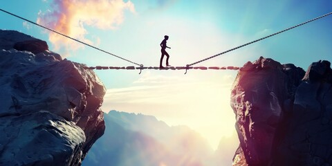 rock climbing with ropes, bridges at the top of mountains - obrazy, fototapety, plakaty