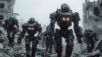 Heavily Armored Robotic Soldiers Marching Through Devastated Urban Landscape in Futuristic War Scene