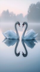 Graceful Swans Adrift on a Misty Lake at Dawn Reflecting in the Glassy Surface