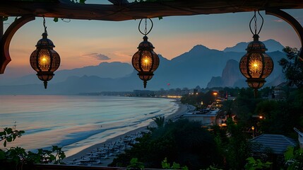 Obraz premium Twilight Serenity: Antalya Beachfront with Mountain Silhouette. Concept Twilight photography, Beachfront scenery, Mountain silhouette, Antalya coastline, Serene atmosphere
