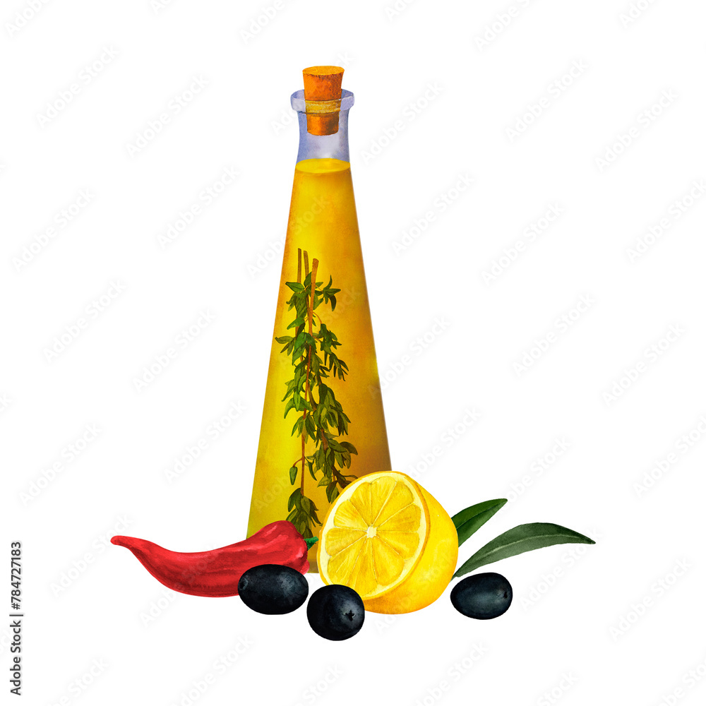 Wall mural bottle of aromatic olive oil seasoned with kitchen herbs, chili pepper, thyme, rosemary, olive branc