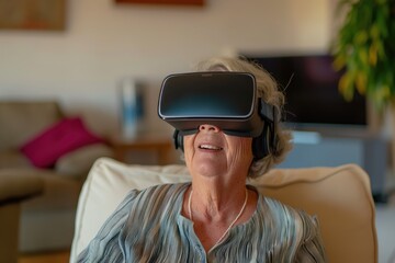 Senior woman watching her favorite soup opera using latest generation VR headsets
