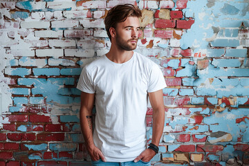 Mock up white t-shirt for logo, text or design. Handsome man wears t-shirt. He stands on a shabby...