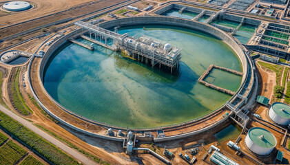 Aerial view of a water treatment plant with a large circular settling tank at the center. Generative AI